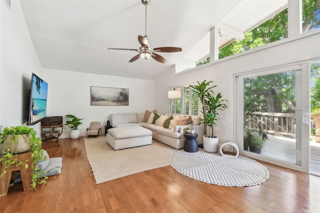 1735 Maryland Ave NE, Saint Petersburg, FL 33703 - living area with healthy amount of natural light, a ceiling fan, wood finished floors, beam ceiling, and high vaulted ceiling
