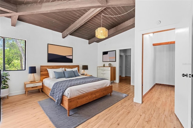 bedroom with wooden ceiling, baseboards, vaulted ceiling with beams, and light wood-type flooring