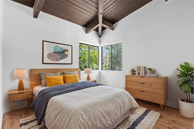 bedroom with wooden ceiling, beam ceiling, and wood finished floors