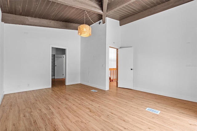 spare room with baseboards, wooden ceiling, beam ceiling, and wood finished floors