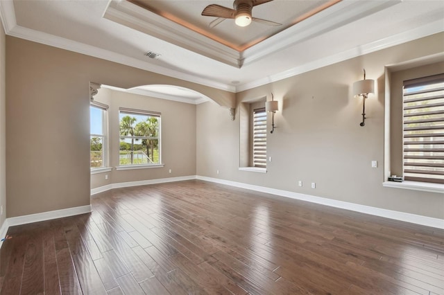 unfurnished room with a healthy amount of sunlight, a raised ceiling, a ceiling fan, and dark wood finished floors