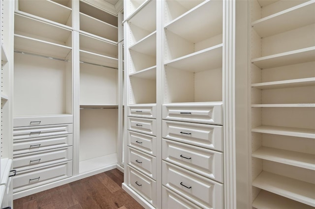 walk in closet with dark wood-type flooring