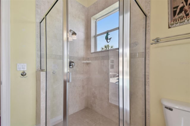 bathroom with a shower stall and toilet
