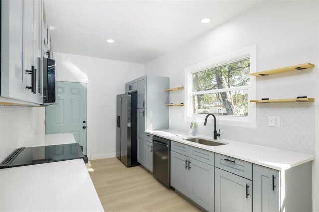 1045 22nd Ave N, Saint Petersburg, FL 33704 - kitchen featuring open shelves, a sink, dishwasher, decorative backsplash, and refrigerator with ice dispenser