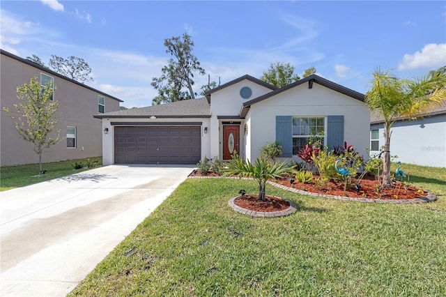 single story home featuring an attached garage, driveway, a front yard, and stucco siding