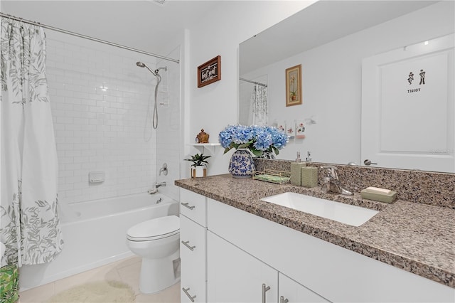 bathroom featuring vanity, tile patterned flooring, toilet, and shower / bathtub combination with curtain