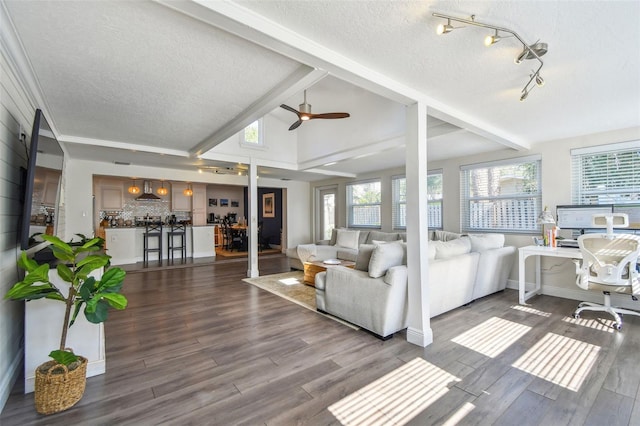 13749 80th Ave, Seminole, FL 33776 - living room featuring lofted ceiling with beams, a ceiling fan, dark wood finished floors, and a textured ceiling
