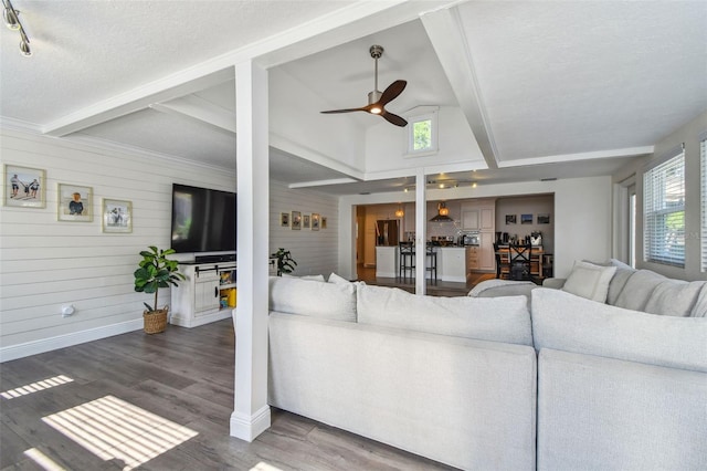 13749 80th Ave, Seminole, FL 33776 - living area with a ceiling fan, lofted ceiling with beams, wood finished floors, and wooden walls