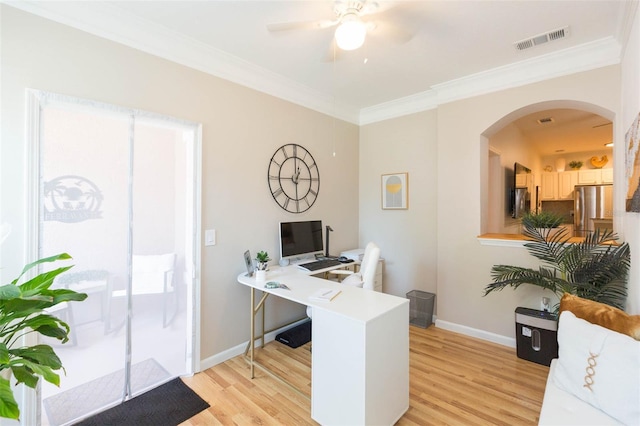 10473 Villa View Cir, Tampa, FL 33647 - office space with arched walkways, a ceiling fan, light wood-type flooring, visible vents, and ornamental molding