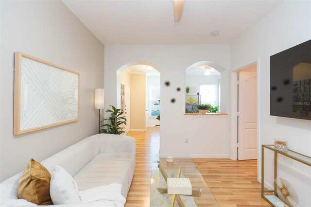 10473 Villa View Cir, Tampa, FL 33647 - living area with light wood-type flooring, arched walkways, baseboards, and ceiling fan