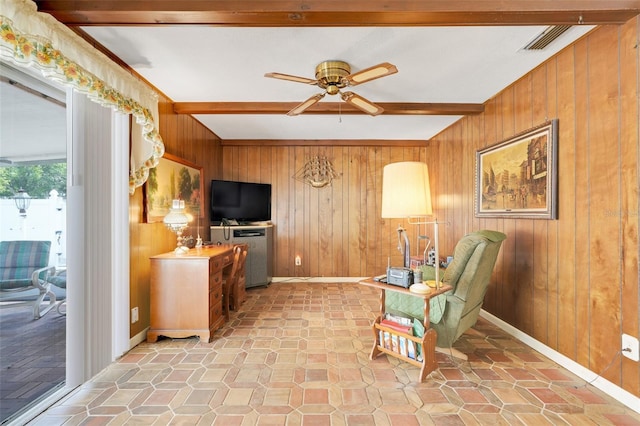 living area with wooden walls, ceiling fan, visible vents, and beam ceiling