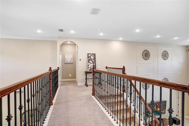 3243 Watermark Dr, Wesley Chapel, FL 33544 - hallway with baseboards, visible vents, recessed lighting, and an upstairs landing
