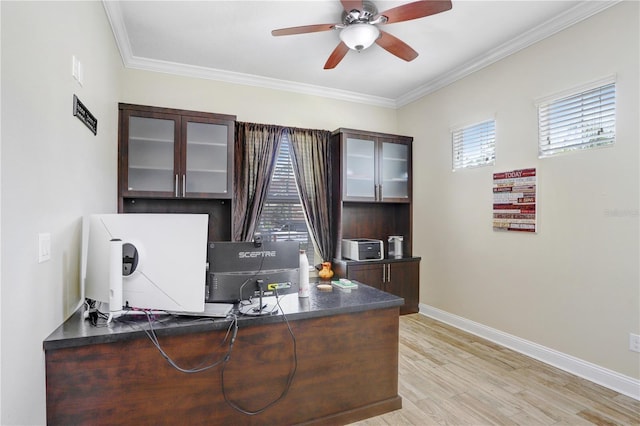 3243 Watermark Dr, Wesley Chapel, FL 33544 - office with light wood-type flooring, crown molding, ceiling fan, and baseboards