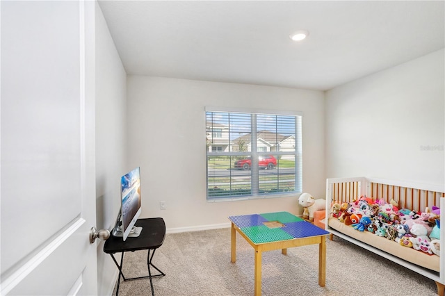 carpeted bedroom with baseboards and recessed lighting