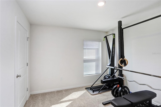 7929 Sail Clover Ln, Zephyrhills, FL 33540 - workout area featuring baseboards, carpet flooring, and recessed lighting