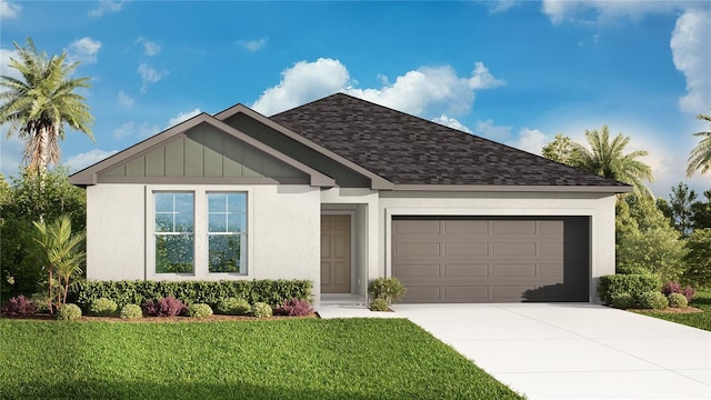 single story home with a front yard, driveway, a shingled roof, and a garage