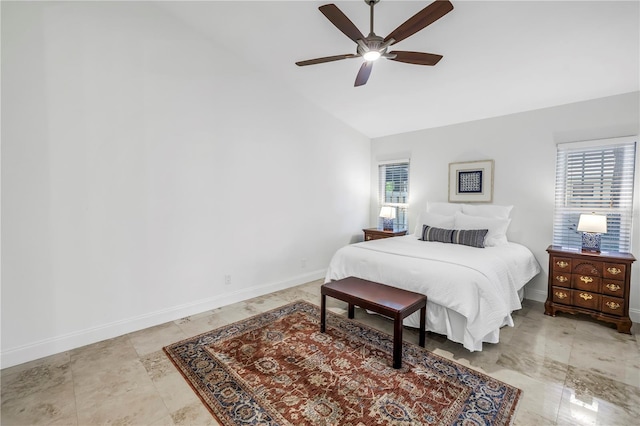 bedroom featuring baseboards, ceiling fan, multiple windows, and high vaulted ceiling
