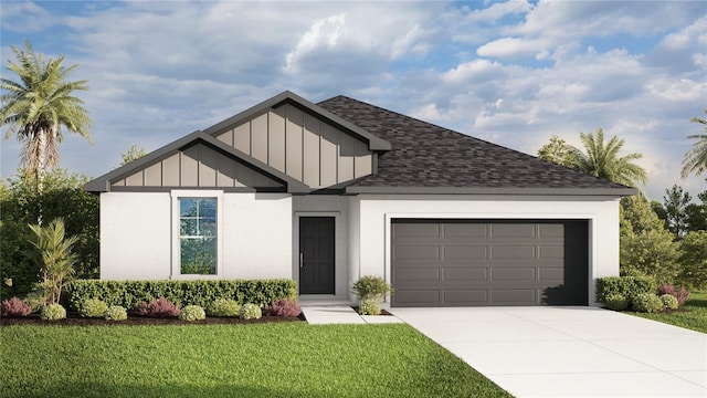 4086 Polynesia Rd, North Port, FL 34288 - view of front facade featuring concrete driveway, board and batten siding, roof with shingles, a front yard, and an attached garage