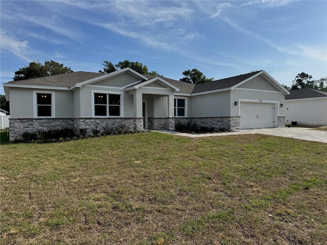 craftsman house featuring stucco siding, a garage, driveway, and stone siding