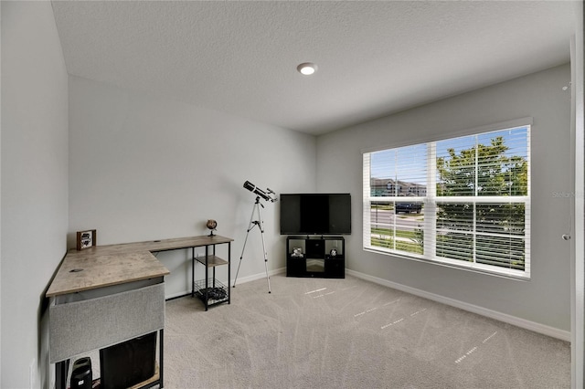 living area with carpet floors, baseboards, and a textured ceiling