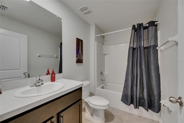 bathroom with tile patterned flooring, toilet, vanity, and shower / bathtub combination with curtain