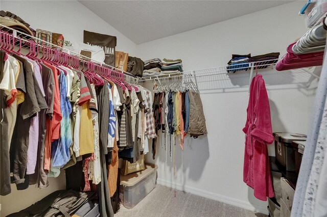walk in closet featuring carpet flooring and vaulted ceiling