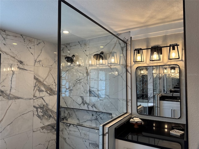 926 Eagle Ln, Apollo Beach, FL 33572 - full bathroom featuring a textured ceiling and a marble finish shower