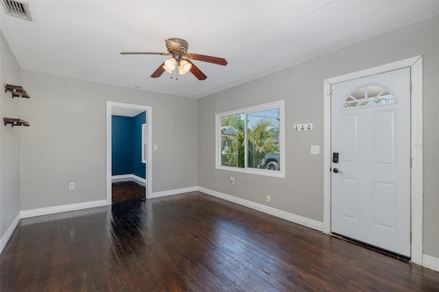 entrance foyer with baseboards, ceiling fan, hardwood / wood-style floors, and visible vents