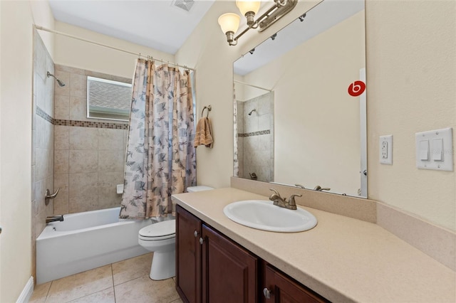 full bath with shower / bath combination with curtain, visible vents, tile patterned floors, vanity, and toilet