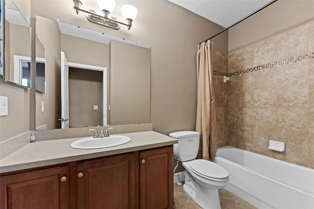 bathroom with toilet, tile patterned flooring, shower / tub combo, and vanity