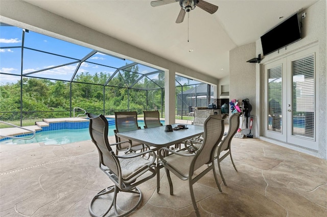 view of patio / terrace with ceiling fan, an outdoor pool, outdoor dining area, french doors, and glass enclosure