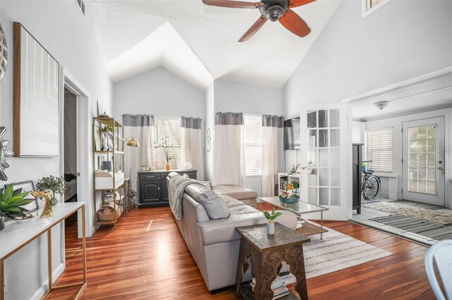 2235 Burlington Ave N, Saint Petersburg, FL 33713 - living area with ceiling fan, high vaulted ceiling, french doors, wood finished floors, and visible vents