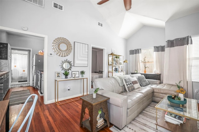 2235 Burlington Ave N, Saint Petersburg, FL 33713 - living area featuring a ceiling fan, high vaulted ceiling, visible vents, and wood finished floors