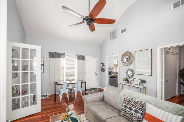 2235 Burlington Ave N, Saint Petersburg, FL 33713 - living room with high vaulted ceiling, a ceiling fan, and visible vents