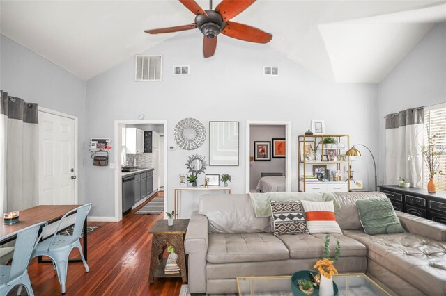 2235 Burlington Ave N, Saint Petersburg, FL 33713 - living room with high vaulted ceiling, visible vents, and ceiling fan