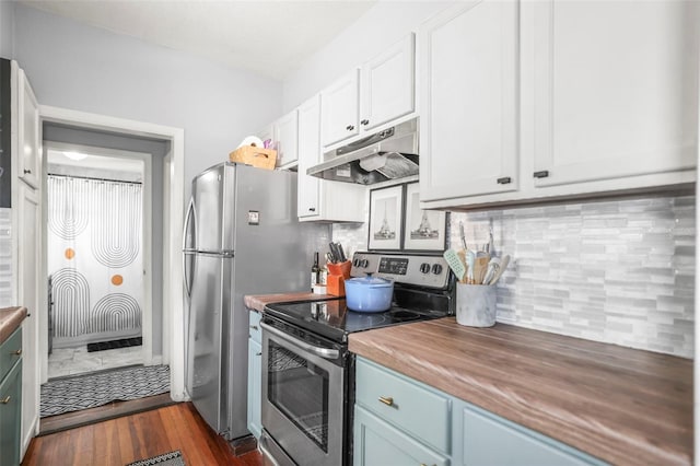 2235 Burlington Ave N, Saint Petersburg, FL 33713 - kitchen with white cabinets, butcher block countertops, stainless steel appliances, decorative backsplash, and under cabinet range hood