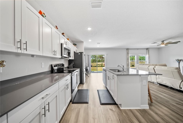 7797 Peace Lily Ave, Wesley Chapel, FL 33545 - kitchen with white cabinetry, a sink, appliances with stainless steel finishes, open floor plan, and light wood finished floors