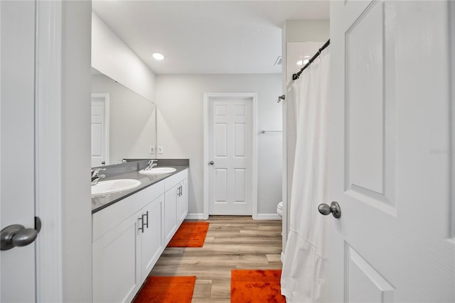 7797 Peace Lily Ave, Wesley Chapel, FL 33545 - full bath with double vanity, a sink, wood finished floors, and baseboards