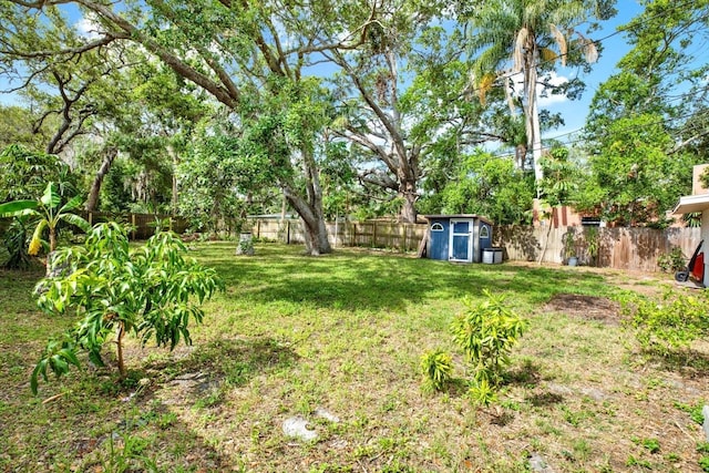 view of yard featuring an outbuilding, a shed, and a fenced backyard