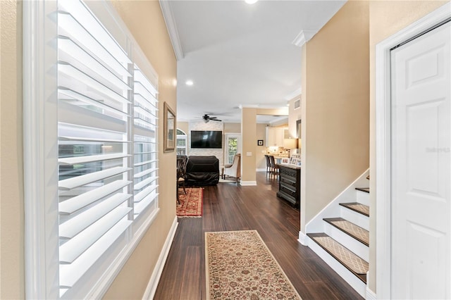 2701 W Bay Ave, Tampa, FL 33611 - hallway featuring crown molding, dark wood-style flooring, stairs, recessed lighting, and baseboards