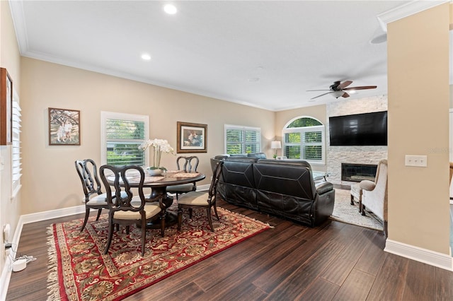 2701 W Bay Ave, Tampa, FL 33611 - dining area featuring dark wood-style flooring, a ceiling fan, baseboards, recessed lighting, and ornamental molding