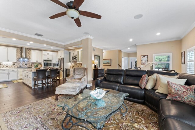 2701 W Bay Ave, Tampa, FL 33611 - living room featuring ornamental molding, a ceiling fan, recessed lighting, and visible vents