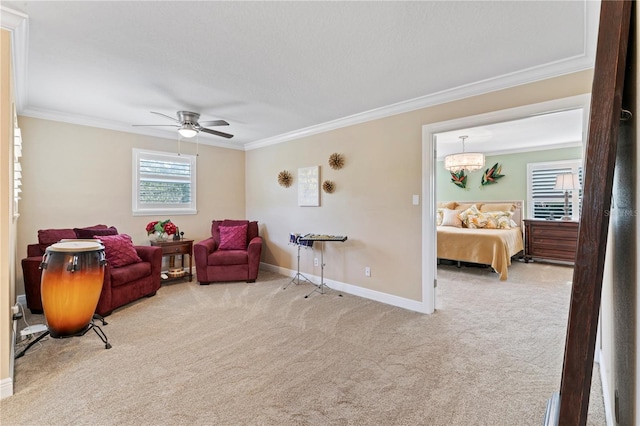 2701 W Bay Ave, Tampa, FL 33611 - living area featuring crown molding, a ceiling fan, and carpet flooring