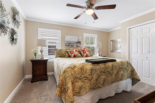 2701 W Bay Ave, Tampa, FL 33611 - carpeted bedroom with baseboards, ornamental molding, ceiling fan, and a closet