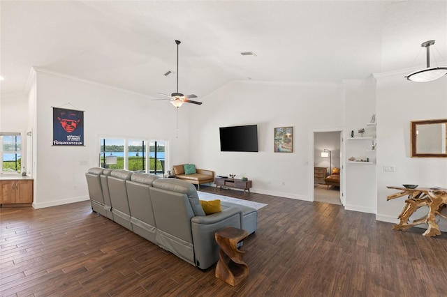 living room with ornamental molding, dark wood-type flooring, ceiling fan, and lofted ceiling