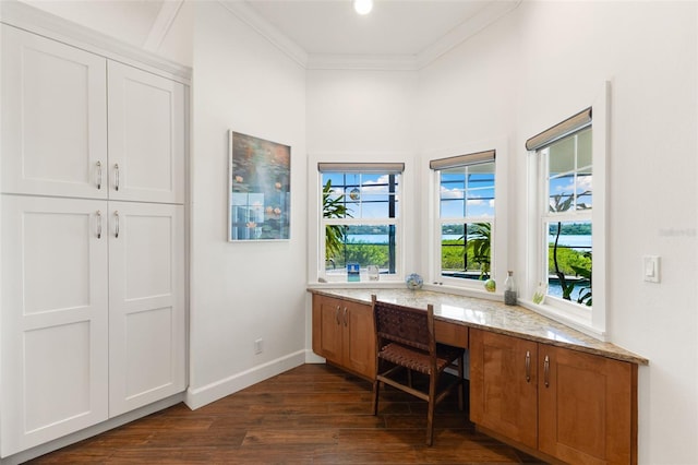 office area featuring dark wood-type flooring, ornamental molding, built in desk, and a wealth of natural light