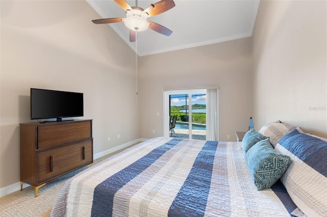 bedroom featuring light carpet, high vaulted ceiling, access to exterior, baseboards, and ornamental molding