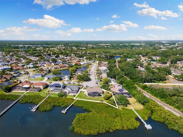 aerial view featuring a water view and a residential view