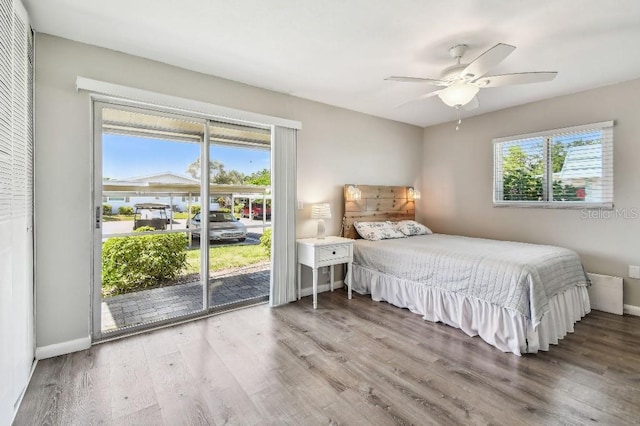bedroom featuring access to outside, multiple windows, and wood finished floors