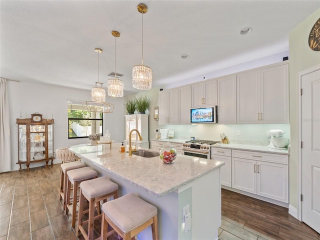 kitchen featuring a breakfast bar, a sink, range with gas stovetop, visible vents, and a center island with sink